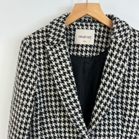 Vintage Houndstooth Black White Wool Blend Womens Blazer Jacket Coat Shacket M - Picture 13 of 15